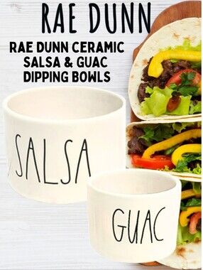 Rae Dunn White Salsa and Guac Ceramic Dip & Chips Set Bowls
